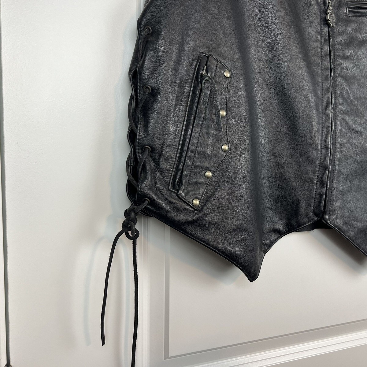 Harley Davidson Vintage Black Leather Zipper Lace Up Vest