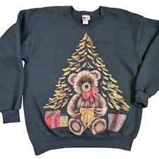 90s Teddy Bear Christmas Tree Handpainted Crewneck Sweatshirt XL Green USA