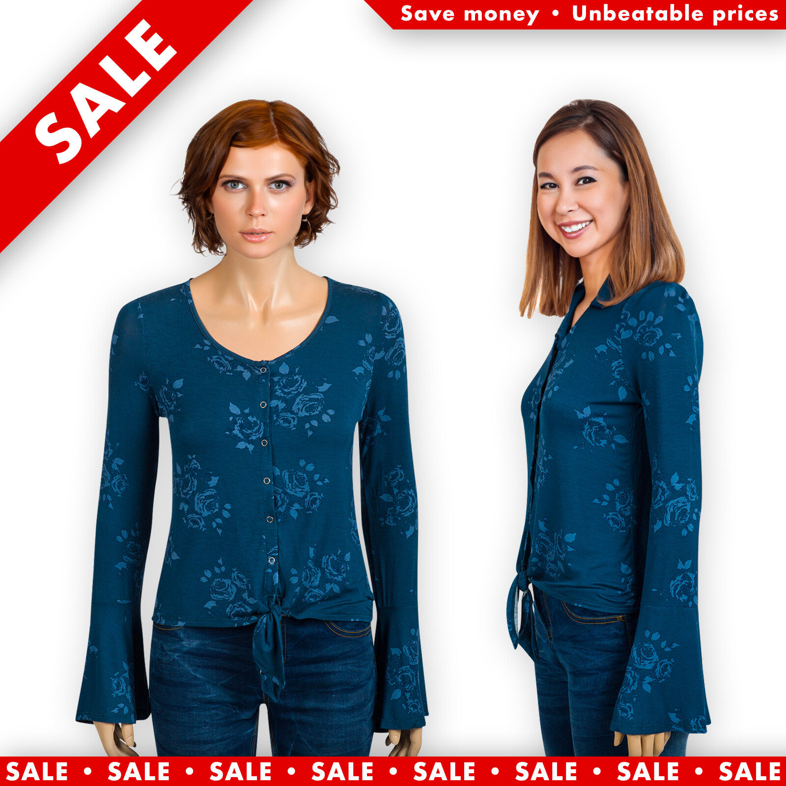 Teal Floral Bell Sleeve Top with Snap Buttons in XS to XL-image