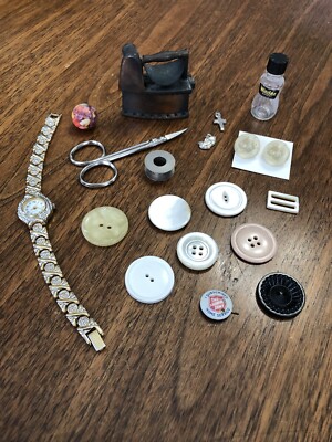 Vintage Estate Junk Drawer Lot: Buttons, Tiny Bottle, MOP, Sundries (C9)