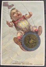 WILLIMANTIC THREAD BOOMING TRADE CARD + SEWING MACHINE W W #8 AD LANCASTER, PA