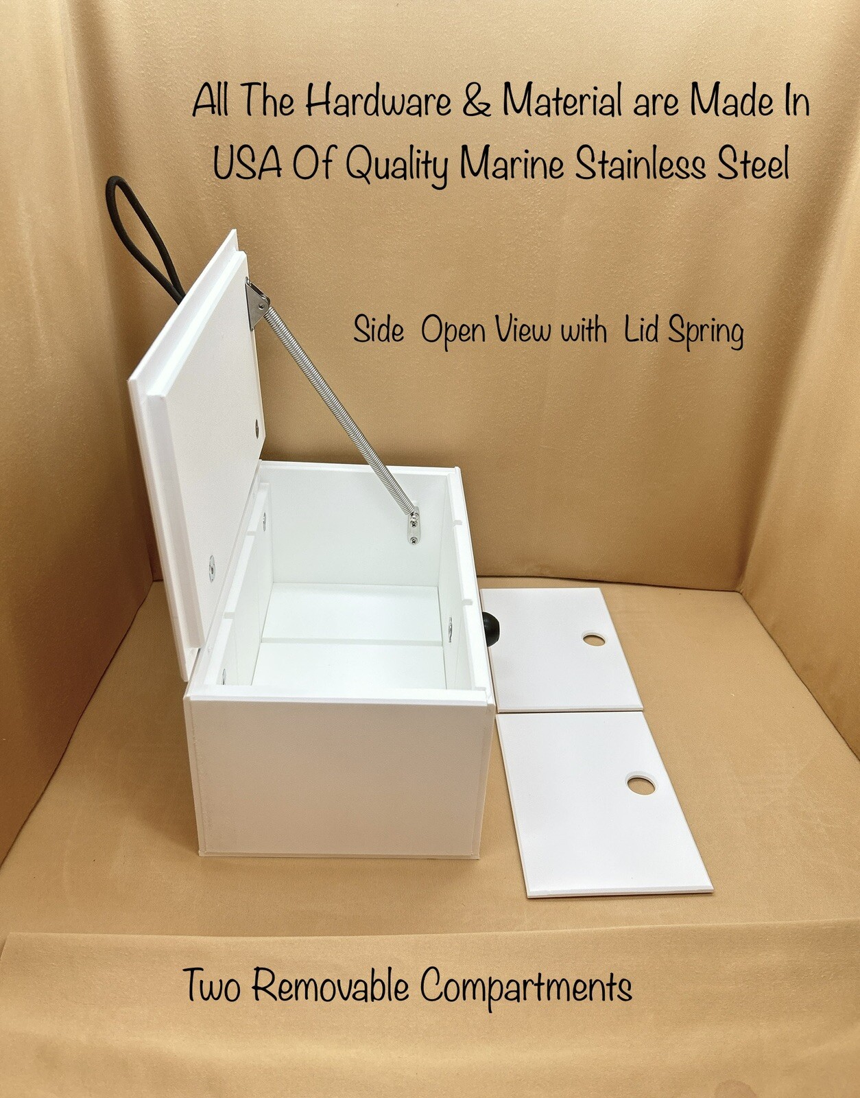 Marine boat Storage Box Starboard, 2 Removable Dividers, Lid Support