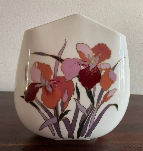 Japanese ceramic vase orchids pink hues on white with gold accents 