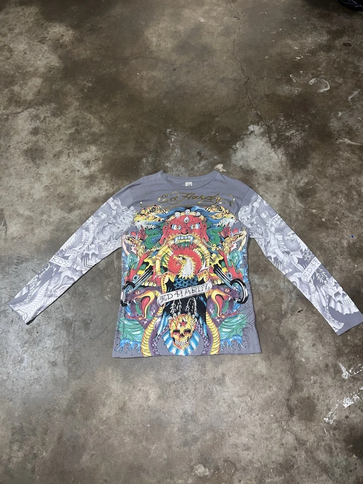 复古 Ed Hardy by Christian Audiger 全印花水钻金色长袖 — 第 2/4 张图片