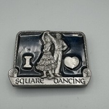 Vtg I Love Square Dancing Buckles of America Heavy Pewter Blue Enamel Belt 1980s