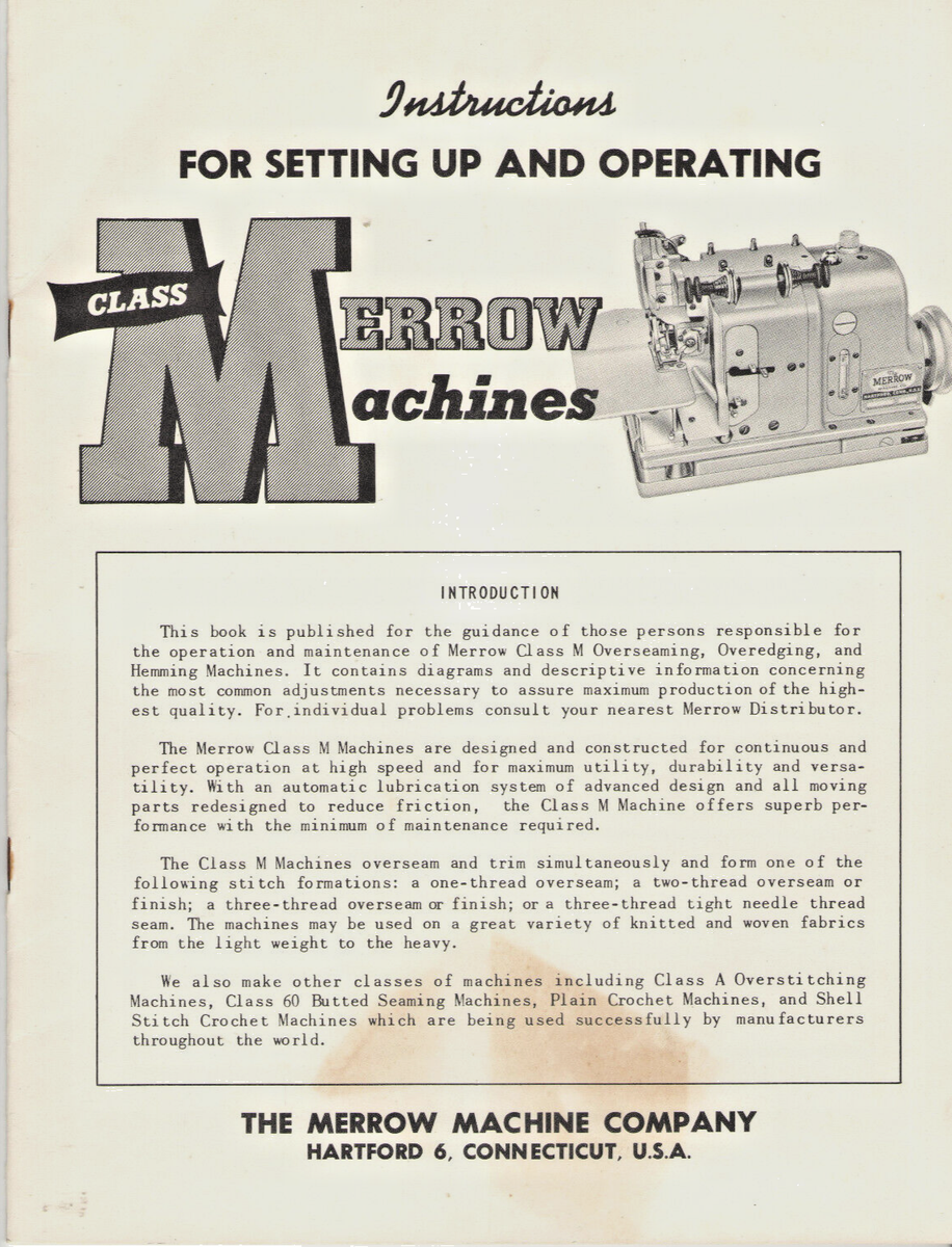 MERROW SEWING MACHINE CLASS M INSTRUCTIONS FOR SETTING UP 