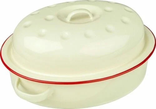 Enamel Oval Roaster Roasting Dish Oven Tin Tray Casserole Pan Cream With Lid New