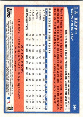 2018 Topps Big League J.A. Happ #244 Toronto Blue Jays - Picture 2 of 2