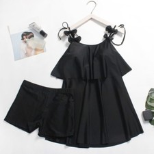 Lady Bikini Falbala Swimsuit Swimwear Swim Dress Shorts Set 2-Piece Beach Black