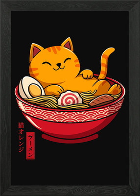 Cat Ramen Noodles Framed Wall Art Poster Canvas Print Picture