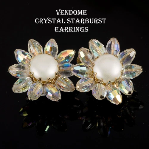 Boucles d'oreilles VENDOME perle aurore boréale cristaux années 60 MÈRE DE LA MARIÉE clips