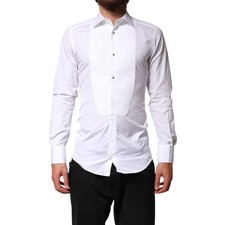 DOLCE & GABBANA Shirt White Cotton GOLD Collared Dress Bib Formal 37/US14.5/XS