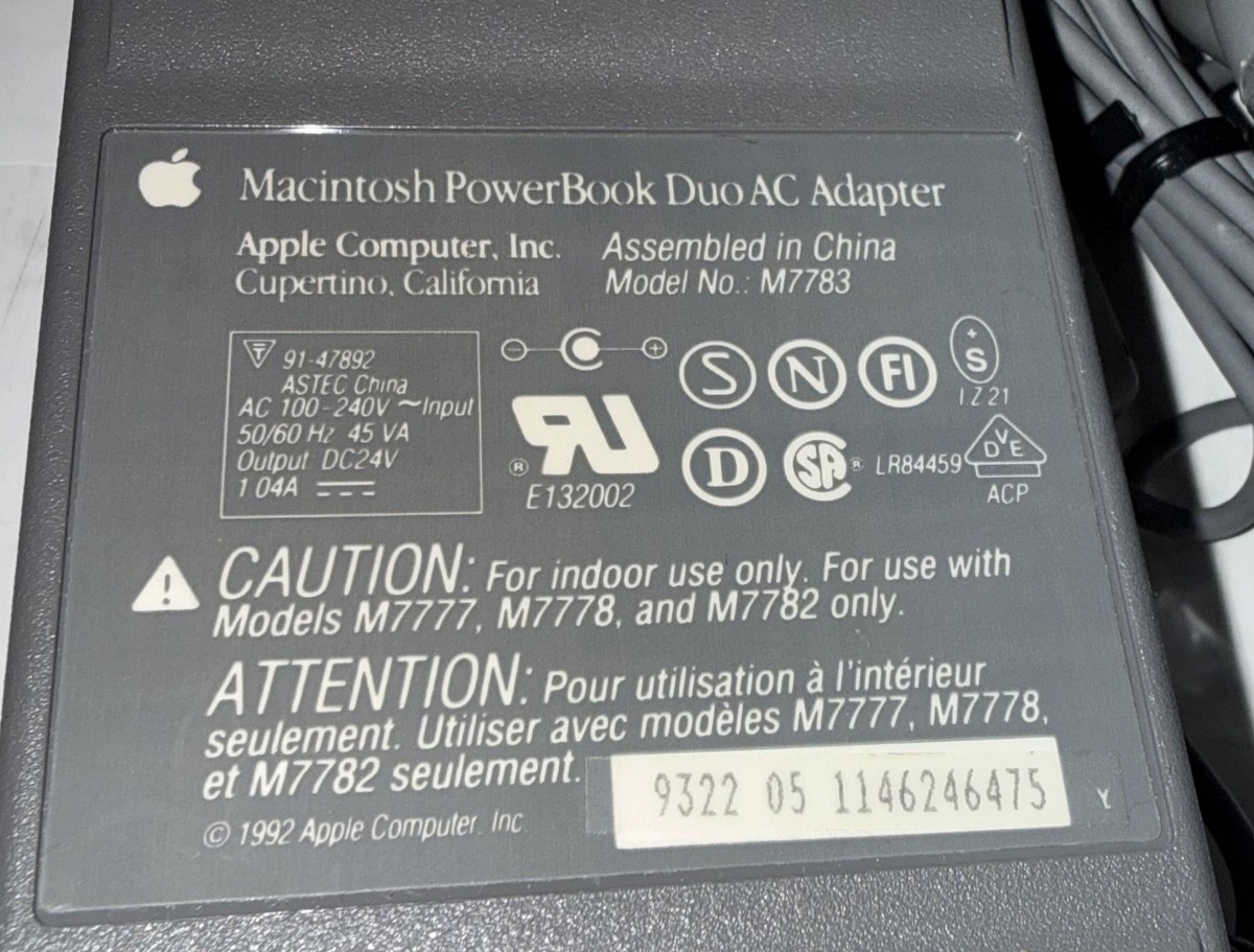 Vintage Apple Macintosh PowerBook Duo AC Adapter 24V M7783 Gray