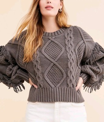 NWT $118 ANTHROPOLOGIE  LINE & DOT Charcoal GrayCable Knit Sweater Fringe Small 