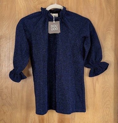 Dou Uod Women's Blue Sparkle Embellished Flare Sleeve Blouse Top Size 6 NWT