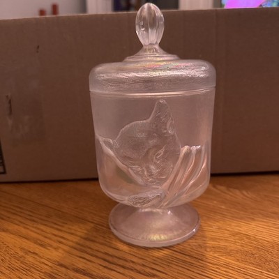 Vintage 1985 Fenton Irradescent Chessie Cat Lidded Candy Dish 