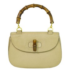 GUCCI Bamboo Leather Top Handle Handbag Beige Gold