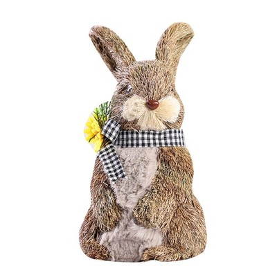 Artificial Straw Rabbit Ornament Animal Figurine Wearing Sunflower Scarf