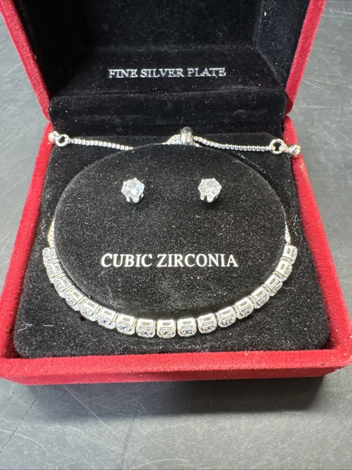 BRACELET AND EARRINGS-DANECRAFT-CUBIC ZIRCONIA-FINE SILVER PLATE-IN BOX - Image 2 of 4