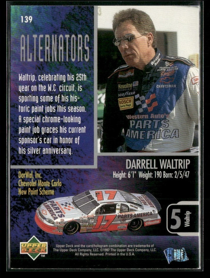1997 UD ROAD TO THE CUP ALTERNATORS DARRELL WALTRIP DARWAL, INC. #139 - Image 2 of 3