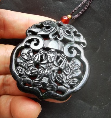 Dragon boy Bodhisattva Carving natural black jade stone amulet pendant,necklace