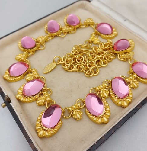 Vintage Rose Pink Glass Cabochons Brushed Gold Collar Necklace - Picture 4 of 4