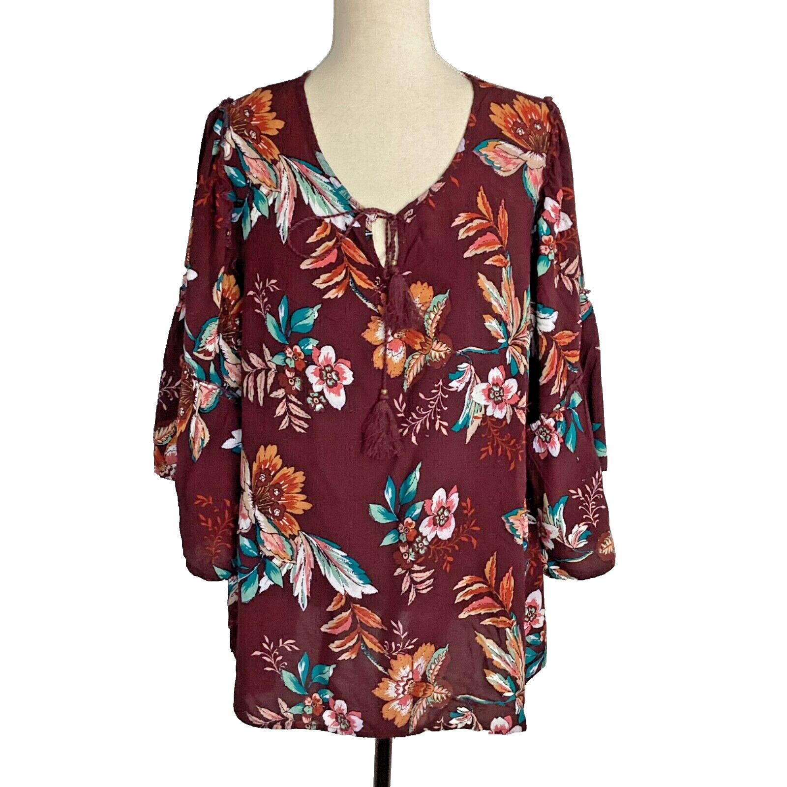 Vintage 1946 Floral Peasant Blouse Burgundy Bell Sleeve 18/20W-image