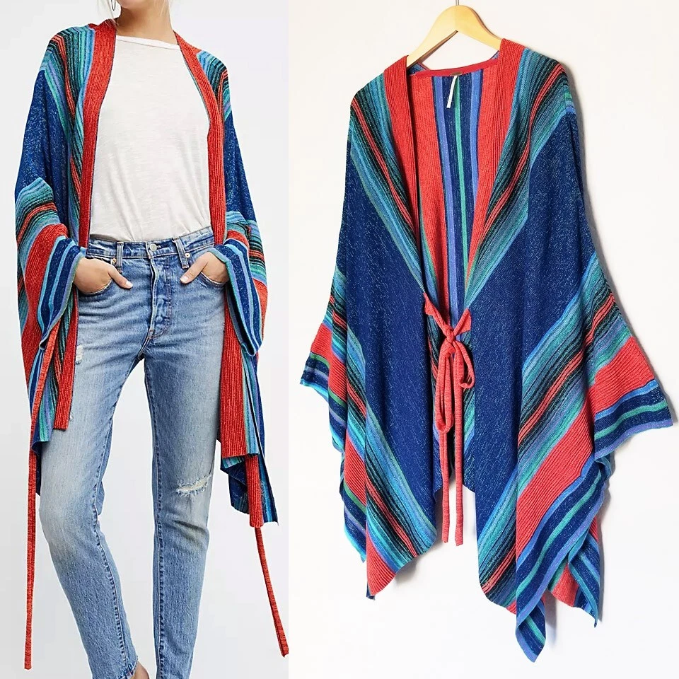 Free People In a Moment Poncho Ruana OS Sparkle Striped Knit Cardigan Boho $198