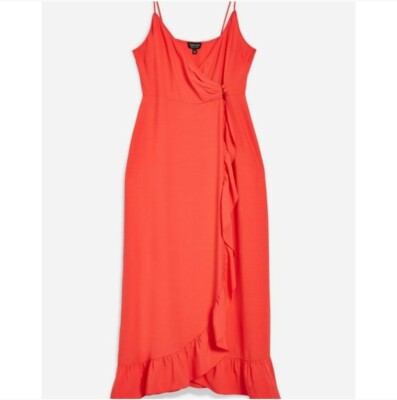Topshop Ruffle Wrap Dress Midi Coral Size 2 | eBay