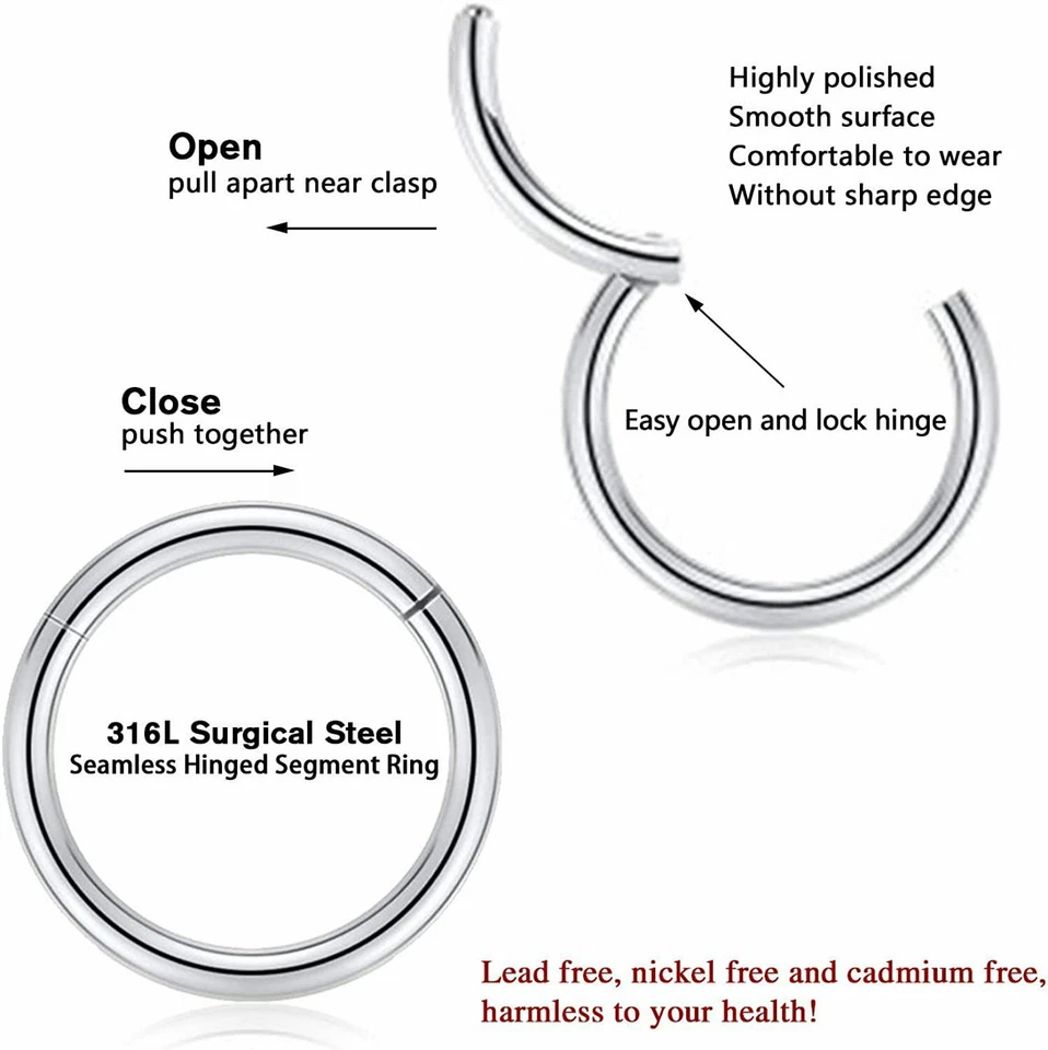 Piercing de aro de segmento con bisagras de acero quirúrgico para dormir labio oreja nariz cuerpo 1 pieza Foto 2 de 4