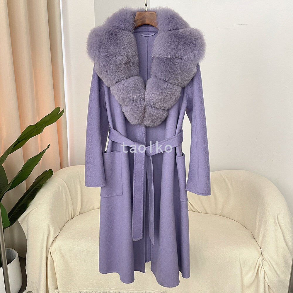 100% Cashmere Fox Fur Collar Double-sided Woolen Coat Women's