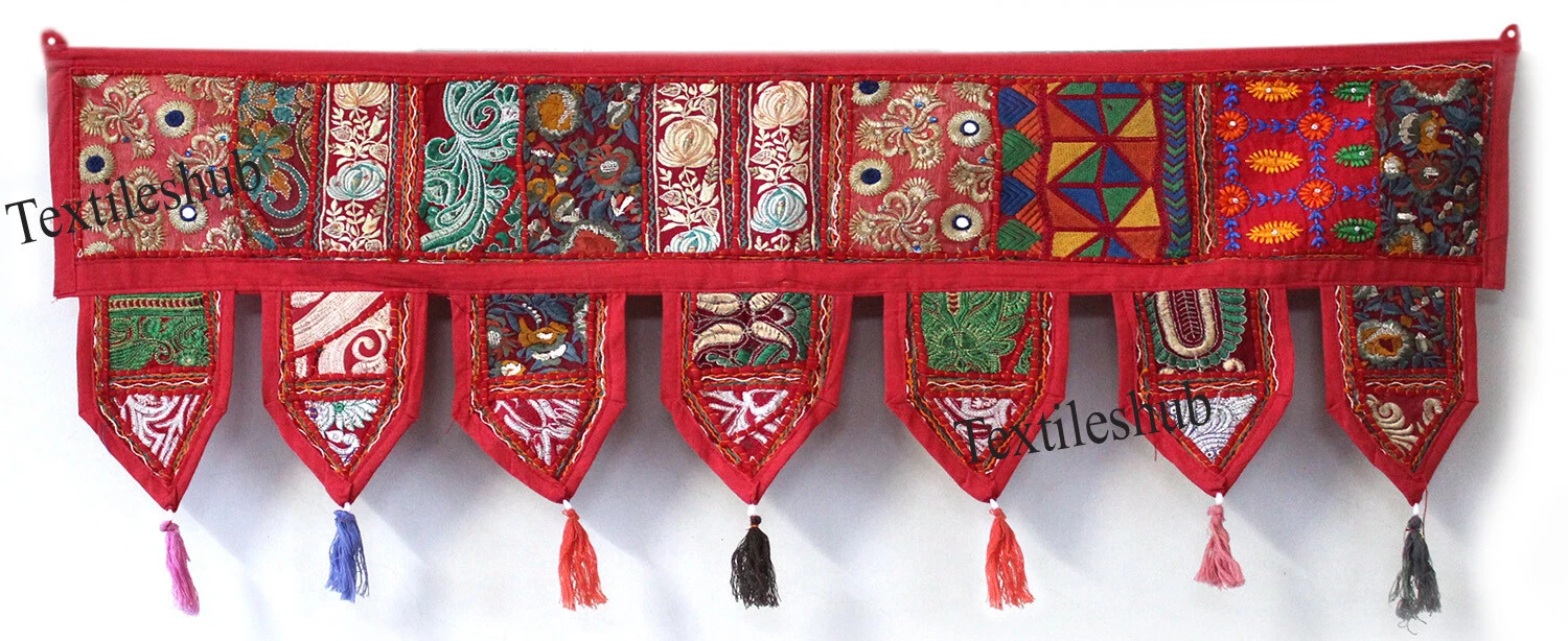 Vintage Indien Red Patchwork Toran Embroidery Door Valances Wall Hanging Decor