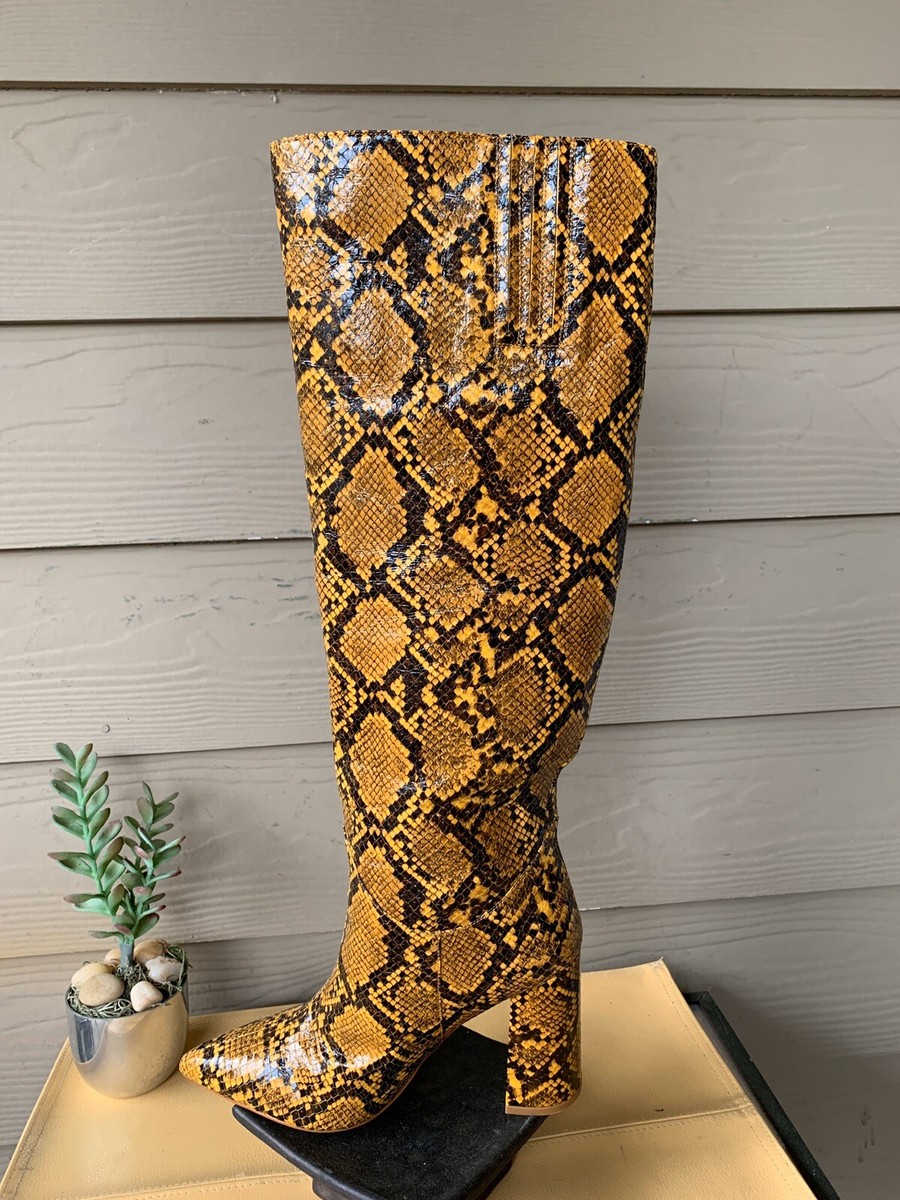 NWB JEFFREY CAMPBELL Siren Yellow Snake Print Knee-high Boot Sz.6