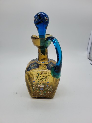 Enameled Theresienthal Art Glass DecanterVintage With Stopper Blue And Gold - Picture 3 of 11