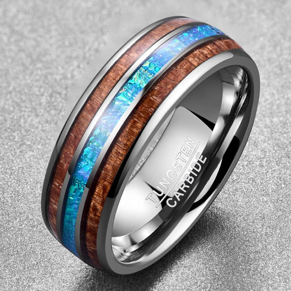 Hawaiian koa wood and abalone shell tungsten shop carbide ring