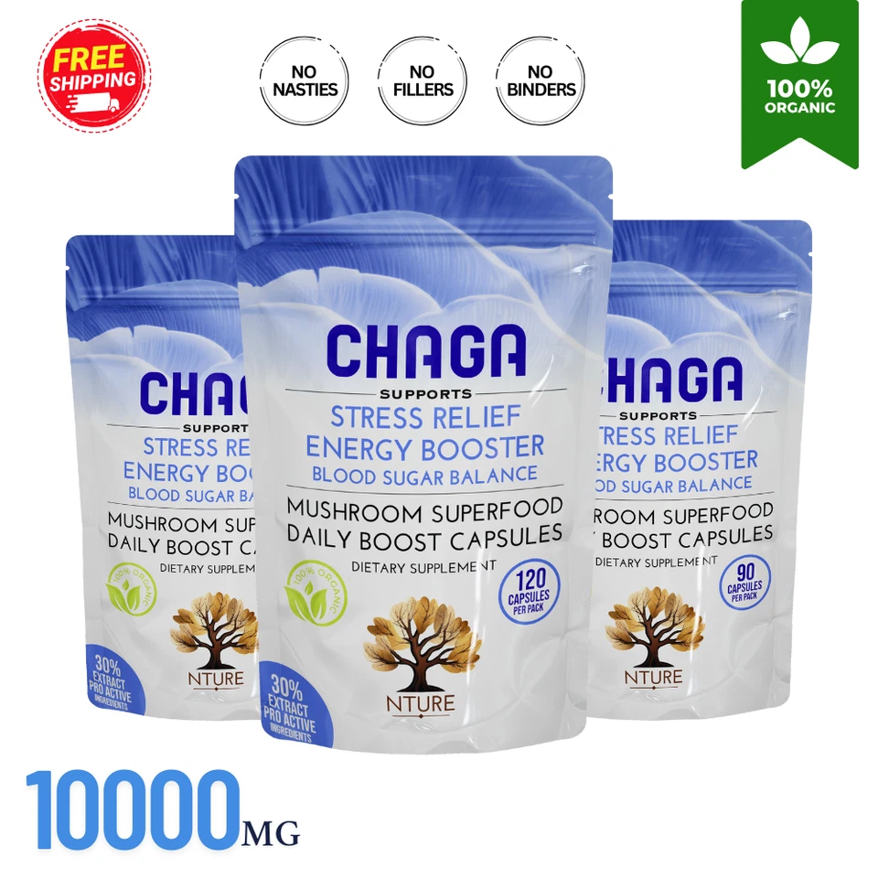 THE BODY AND SKIN CLINIC CHAGA MUSHROOM EXTRACT CAPSULES 10,000MG - 200MG POLYSACCHARIDES STRONG VEGAN