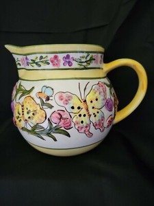 World Bazars, Inc. Butterfly Pottery Pitcher - Ladybugs, Flowers 