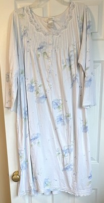 Vintage Aria Nightgown L 100% Cotton Lace And Pleating Neckline Blue Floral