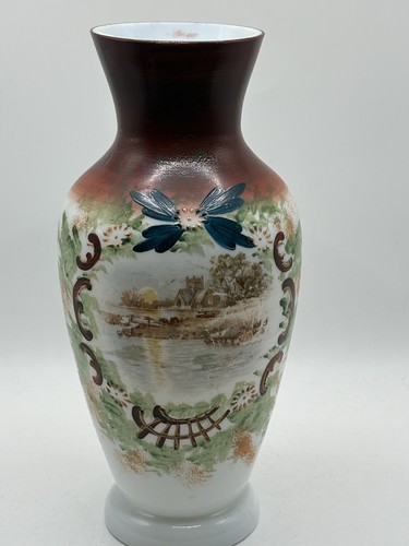 Antike handbemalte florale Bristol Glasvase um 1900 9 cm mit Seeszene - Bild 1 von 8