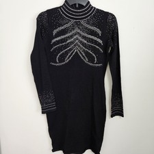 Say What? Sexy Rhinestone Embellished Bodycon LS Dress Black Small Stretch