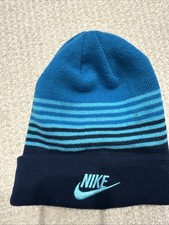 Nike Swoosh Boy's Blue Striped Beanie - Cuffed Nike Logo Beanie - Youth One Size