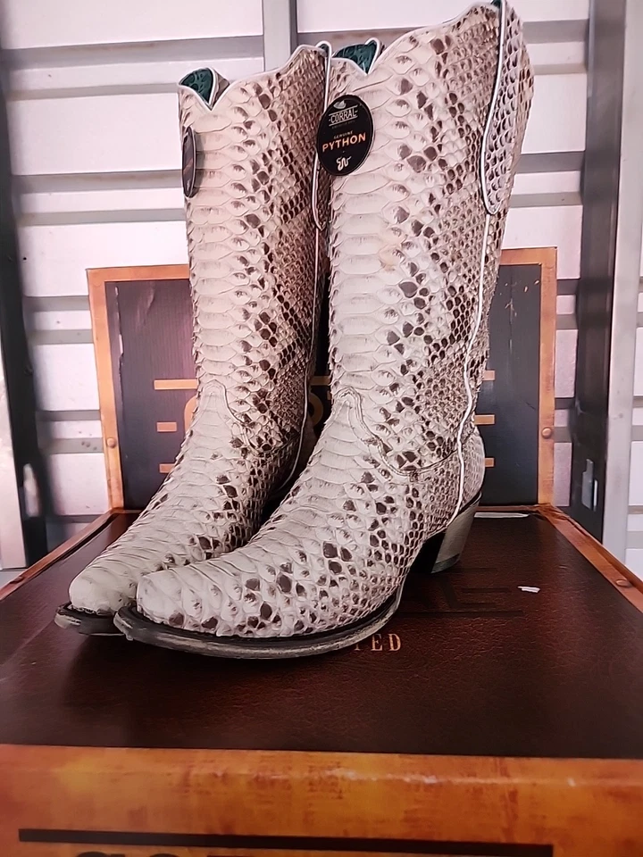 Corral Bottes Western En Python Blanc Motif Serpent Femme Taille 10 Neuf - Photo 4/4