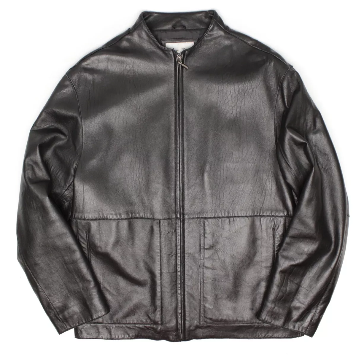 Albert Duke Mens Leather Jacket S Solid Black Full Zip Collarless Coat Soft