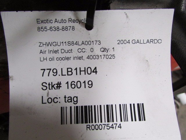 Lamborghini Gallardo, LH, Left Oil Cooler Air Inlet Duct, Used, P/N 400317025