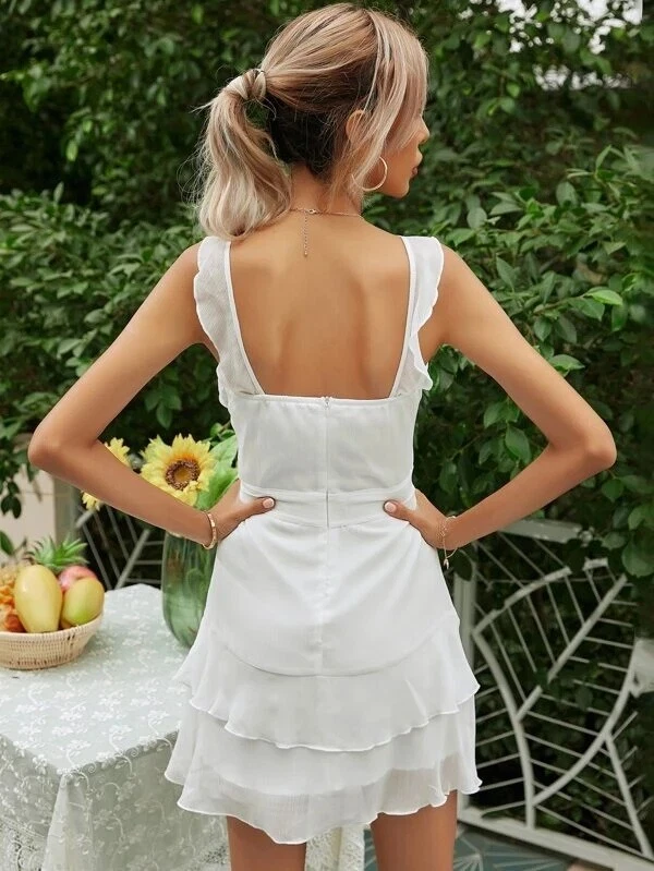 White ruffle top trim dress