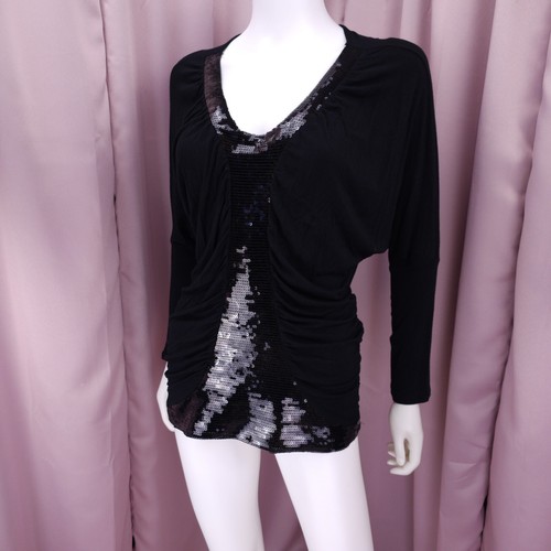 '90s Y2K Charming Charlie Women's Black Sequin V-Neck Ruched Shirt Top Large - Picture 2 of 7