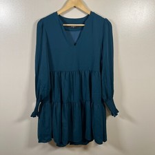 O.P.T Bay Mini Dress Size XS Tiered Smocked Cuffs Babydoll Teal Green V-neck