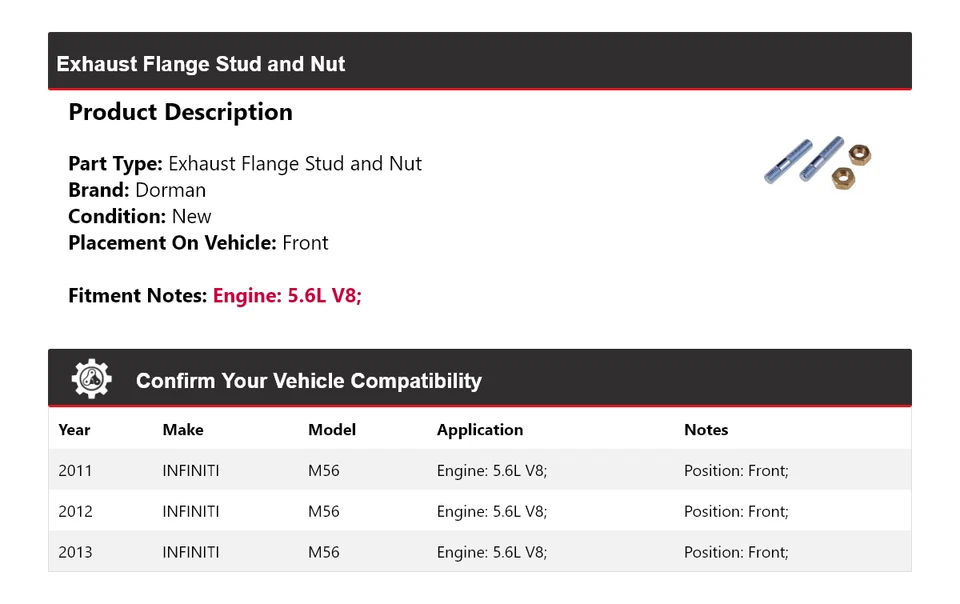 Para Infiniti M56 2011-2013 5,6 L V8 Dorman brida de escape perno y tuerca delantera 2012 Foto 2 de 3