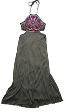 Lulus Dress L Olive Green Little Beach Lined Cutout Embroidered Maxi NEW