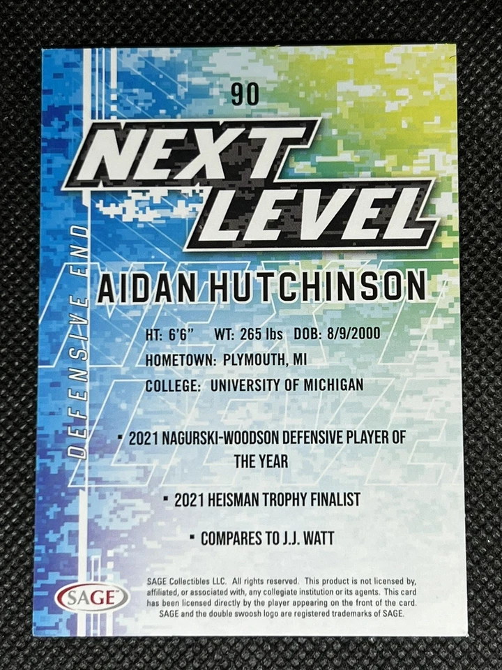 2021 Sage Hit Football AIDAN HUTCHINSON RC #90 SILVER NEXT LEVEL NIL ROOKIE CARD - Image 2 of 2